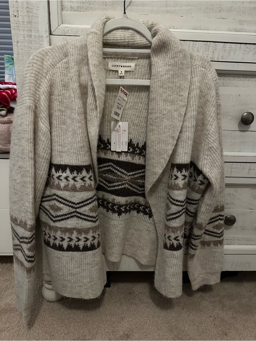 Lucky Brand Beige & Brown Fair Isle Shawl Collar Cardigan